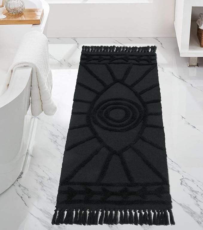 Uphome Kitchen Rug 2'x4.3' Washable Evil Eye Tufted Bathroom Runnner Rug with Tassels Soft Cotton Woven Boho Rug Farmhouse Aesthetic Dark Gray Accent Mat for Bedroom Entryway Laundry Room Porch