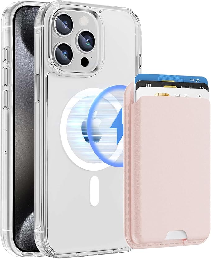 Ntwinro Magnetic for iPhone 15 Pro Clear Case (Compatible with MagSafe) with Pink Detachable Wallet & Card Holder for 3 Cards [RFID Blocking] Military Grade Protective Slim Phone Cover