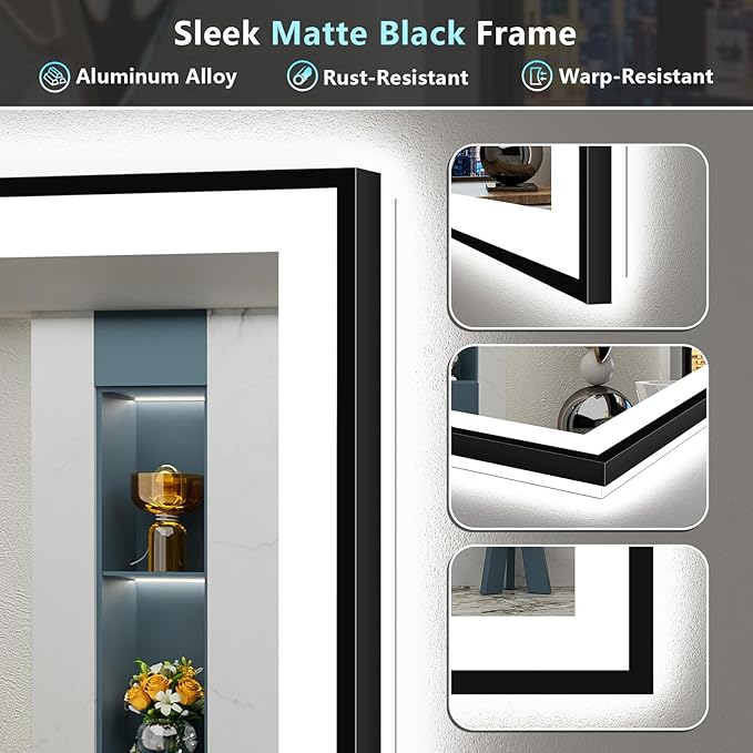 30"x36" Black Framed LED Bathroom Mirror with Lights, Backlit & Front Lit, Anti-Fog Lighted Vanity Mirrors for Bathroom Wall, Dimmable, 3 Colors, Memory, Shatter-Proof, Tempered Glass, CRI＞90