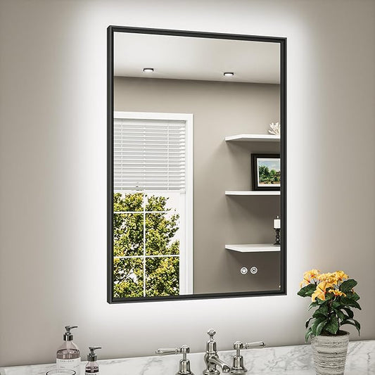 TETOTE 24 x 36 Backlit Bathroom Mirror Brushed Black Metal Frame LED Light Vanity 3-Color White/Warm/Natural Stepless Dimmable Anti-Fog Backlight Mirror Wall-Mounted