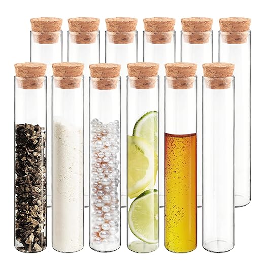 12pcs 10ml Glass Test Tube with Cork Stopper, 15x100mm Small Candy Storage Tube with Cap, Flat Bottom Tube, Plant Propagation Vase, Vial Set for Scientific Experiments Lab Liquid Party Decor