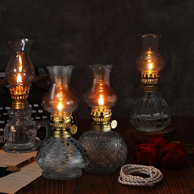 Yexiya 6 Pcs Chamber Oil Lamps Oil Lamp Vintage Glass Kerosene Lamp Bulk with Adjustable Fire Wick Rustic Clear Hurricane with 6.6 ft Extra Wick for Indoor Use Home Decor 8 Inch (Cute Style)
