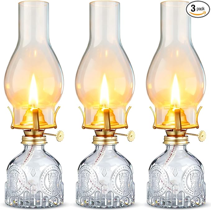 3 Pcs Clear Chamber Oil Lamps for Indoor Use 10.6'' Vintage Kerosene Lamp Hurricane Oil Lantern Adjustable Fire Wick Decorative Lantern for Valentines Wedding Table Decor Emergency Lighting