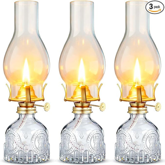 3 Pcs Clear Chamber Oil Lamps for Indoor Use 10.6'' Vintage Kerosene Lamp Hurricane Oil Lantern Adjustable Fire Wick Decorative Lantern for Valentines Wedding Table Decor Emergency Lighting