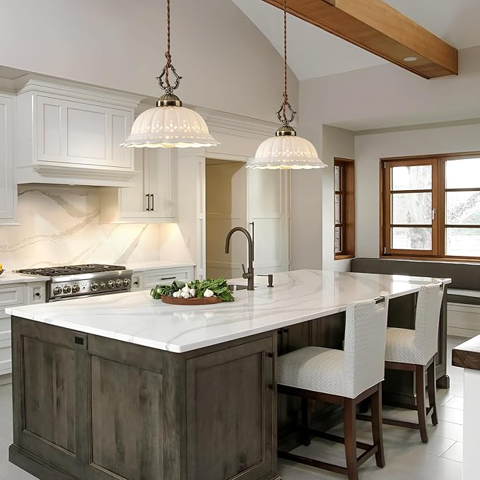 Ceramic Pendant Light 1-Light Adjustable Cord Industrial Ceiling Hanging Light Brass Vintage Chandelier for Kitchen Island Bar Dining Room Bedroom Foyer Hallway Farmhouse