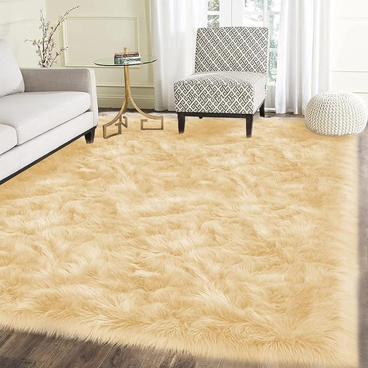 Latepis Rug for Living Room 6x8 Yellow Faux Fur Fluffy Rug Sheepskin Furry Rugs for Bedroom Shaggy Plush Rugs Home Décor, Rectangle