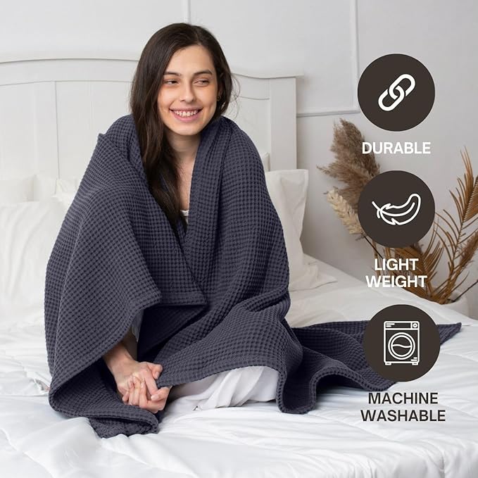 Organic Cotton Waffle Blanket Queen Size (90" x 90") Lightweight, Breathable and Soft, Luxurious Best Waffle Blankets All-Season - Summer, Spring, Winter (Grey)