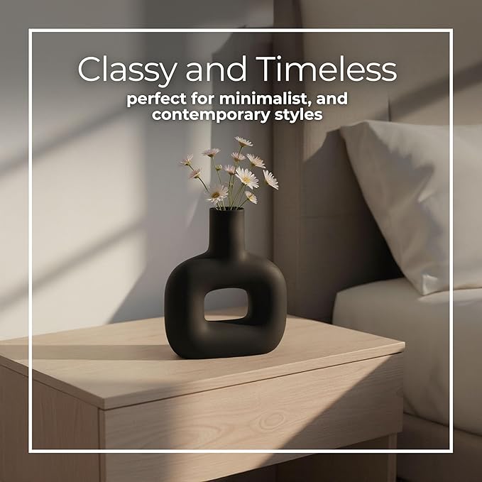 Sagebrook Home Modern Stoneware Vase - Matte Dolomite Decorative Accent for Home, Office & Living Room - Contemporary Minimalist Design - 8" Black