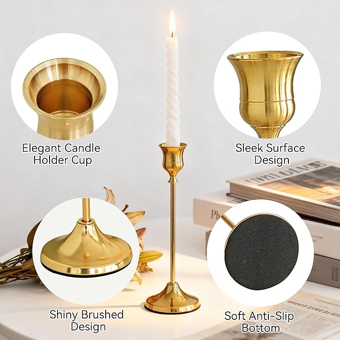 Taper Candle Holders, Tall Vintage Metal Candlestick Holders, 6 PCS Gold Candle Sticks Holders for Home Decor Table Centerpiece Wedding Housewarming Festival, Gold, 2 Sets (6 pcs)