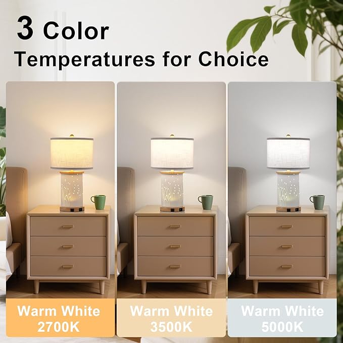 Set of 2 Ceramic Table Lamps with 3 Color Temperatures, Nightstand Table Lamps with AC Outlet, USB A & C Charging Port, Bedside Lamps for Living Room, Bedroom, Office Reading, Burlywood