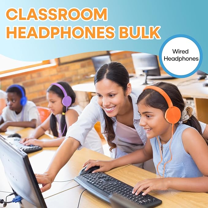 Classroom Headphones Bulk 24 Pack Multi Colored for Kids School, Wholesale Class Set Durable Wired Earphones for Students Children Toddler Teens Boys Girls Adult Laptop Computer(HY450, 24 Mixed)