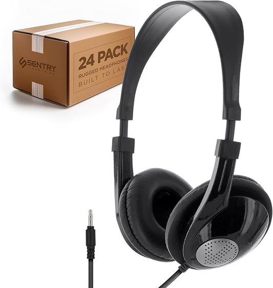 SENTRY Bulk Rugged School Headphones, Durable for Kids, Students, Teachers, Classrooms, 3.5mm or USB-C Jack Options, Optional Boom Mic for Online Learning (24 Count - 3.5mm Inline Mic, 24, Count)