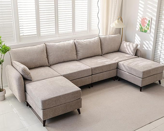 135'' Modular Sectional Sofa with Seats Storage, Oversized U Shaped Couch for Living Room,4-Seater Comfy Cloud Couches with Deep Seat,Movable Ottoman,2 Throw Pillow,Chenille,Khaki