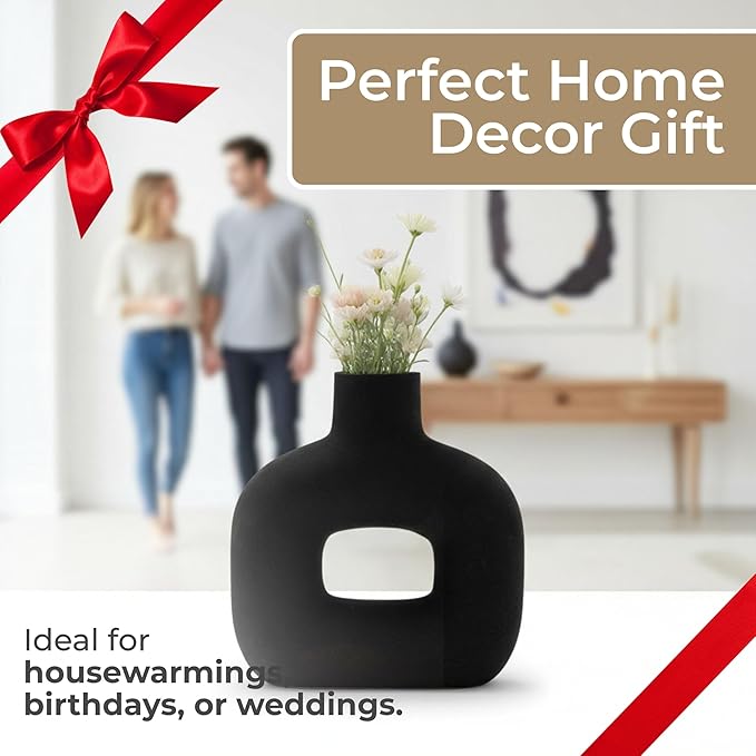 Sagebrook Home Modern Stoneware Vase - Matte Dolomite Decorative Accent for Home, Office & Living Room - Contemporary Minimalist Design - 8" Black