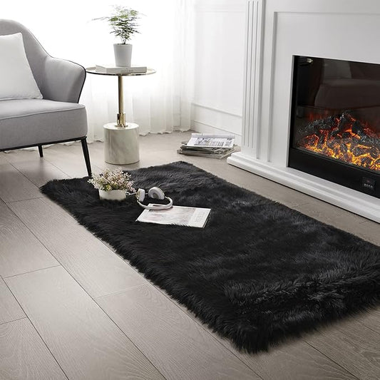 SERISSA Soft Fluffy Rug Coal Black Faux Sheepskin Fur Rug Shaggy Area Rug for Bedroom Floor Living Room 3x5 Feet