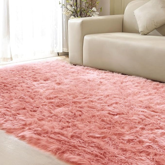 Plush Living Room Rugs 6x9 Rugs for Kids Room Pink Washable Faux Sheepskin Fuzzy Fur Rug for Bedroom Large Fluffy Nursery Rug