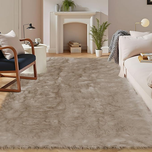 Latepis Beige Faux Fur Rug 8x10, Faux Fur Sheepskin Rug for Living Room, Fluffy Washable Fuzzy Rugs Carpet for Bedroom, Luxury Room Decor, Rectangle