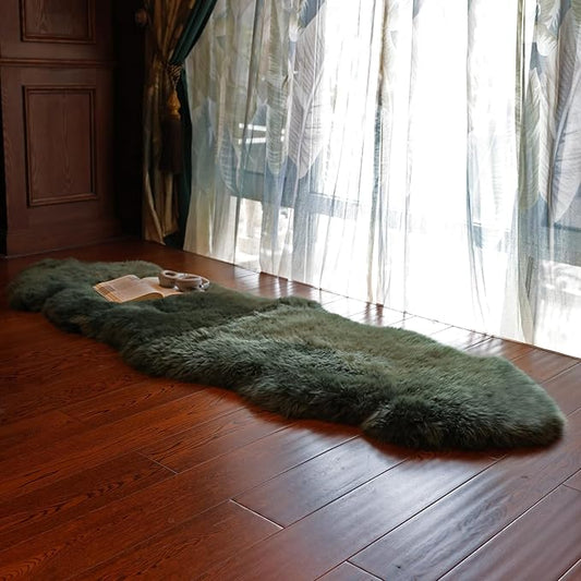 Genuine Sheepskin Rug New Zealand Fluffy Lambskin Rug, Natural Luxury Sheepskin Throw for Bedroom Living Room Children's Room - Premium Area Rug Chair Cover (2×6 Feet, Forest Green)