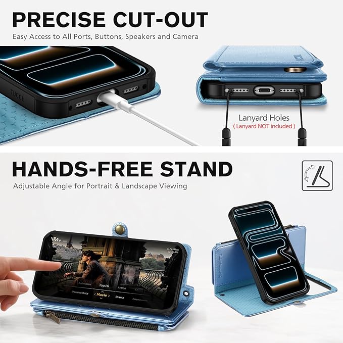 TUCCH Crossbody Detachable Wallet Case for iPhone 17 Pro 6.3" 2025, 9 Card Slots RFID Blocking | Wireless Charging | Wrist Strap Lanyard | Stand | Zipper Pocket | PU Leather Cover | Pearly Light Blue
