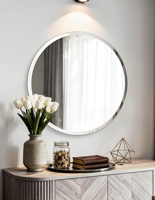Frameless Round Wall Mirror: Decorative Mirrored Glass Vanity with Beveled Silver Edge for Bathroom Bedroom Livingroom Dining Room Entryway Hallway, 28 x 28 inch