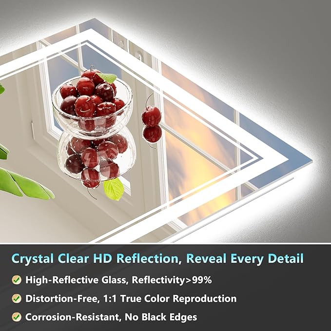 60x28 Inch LED Bathroom Mirror with Lights, Backlit & Front Lit, Anti-Fog Lighted Vanity Mirrors for Bathroom Wall, Dimmable, 3-Color Light, Memory, Shatter-Proof, Tempered Glass, ETL Listed
