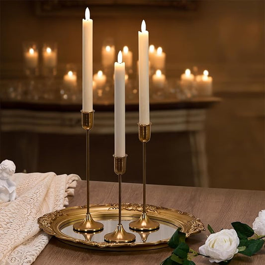 Candlestick Holders, Gold Metal Taper Candle Holders Set of 3, Handmade Heavy Base Brass Vintage Modern Decorative Table Centerpiece for Candlelight Dinner, Fireplace Mantel Wedding Housewarming Décor
