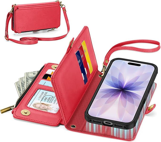 TUCCH Detachable Crossbody Wallet Case for iPhone 17 6.3", 9 Card Slots RFID Blocking | Stand | Lanyard | Wrist Strap | Wireless Charging | Zipper Pocket | PU Leather | Magnetic Flip Cover | Red