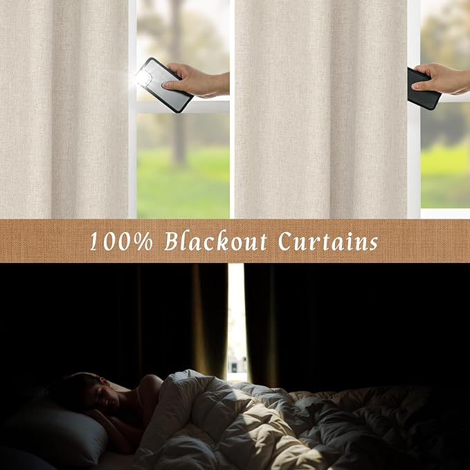 LAMIT Natural 100% Blackout Linen Curtains, 54 Inches Linen Textured Thermal Bedroom Drapes Back Tab and Rod Pocket Neutral Panels with White Liner for Small Window, 2 Panels, 42 x 54 Inch, Oatmeal