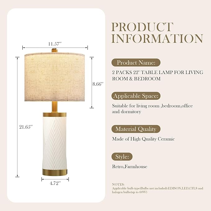 24.5" Modern Ceramic Table Lamp Set of 2 for Living Room, Table Lamps with USB Ports for Bedroom Set of 2， Farmhouse Bedside Nightstand Bedside Lamp End Table Lamps White