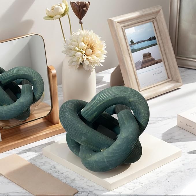 Wood Knot Decor -Coffee Table Decor Shelf Decor Table Books Hand Carved Home Decoration Boho Country Rustic Modern Shabby Chic Style 3 Link Wooden Knot Chain Link Decor (Dark Blue)