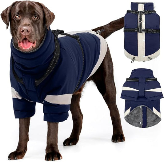 MIGOHI Rainproof Dog Winter Jacket with Harness,XXL Large Fleece Dog Coat with Sleeves,Adjustable Pet Puffer Jacket Snowsuit Cold Weather Coats for Golden Labrador Retriever,XXL,NavyBlue