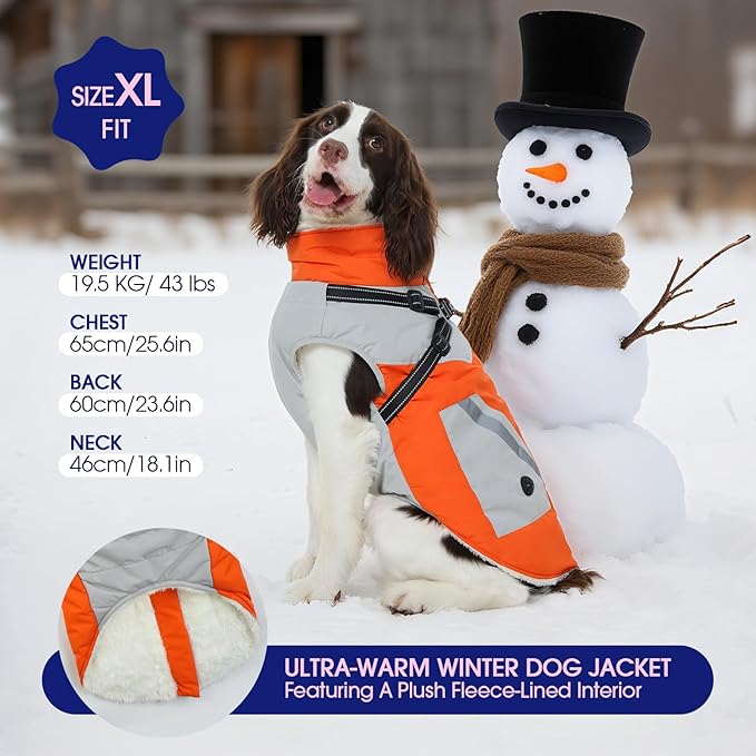 FUAMEY Dog Winter Jackets for Small Dogs,Dog Coat with Harness Built in,Waterproof Dogs Snowsuits Warm Pet Jacket Zip Up Fleece Cold Weather Coats Reflective Safety Pets Hunting Vest Orange XS