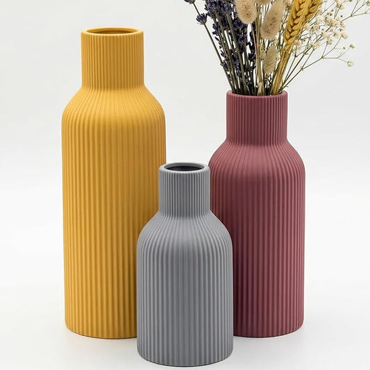 Ceramic Vase Set of 3, Modern Ribbed Boho Vases for Home Decor, Assorted Sizes Decorative Flower Vases for Pampas Grass, Dried Flowers,Shelf, Table Centerpiece