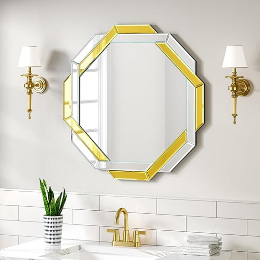 Gold Bathroom Mirror-20”X20” Helicoid Wall Mirrors Decorative,Hexagon Beveled Edge Frameless Mirror for Wall Bathroom, Vanity Room, Bedroom, Living Room and Enterway