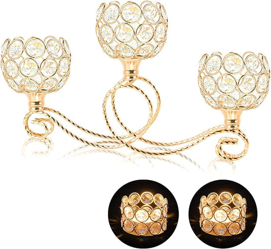 Gold 3 Arm Metal Crystal Tea Light Candle Holder, Elegant Wedding Table Centerpiece Candleholder, Christmas Wishing Crystal Bowl Candle Holder Suitable for Wedding Party Living Room Decoration