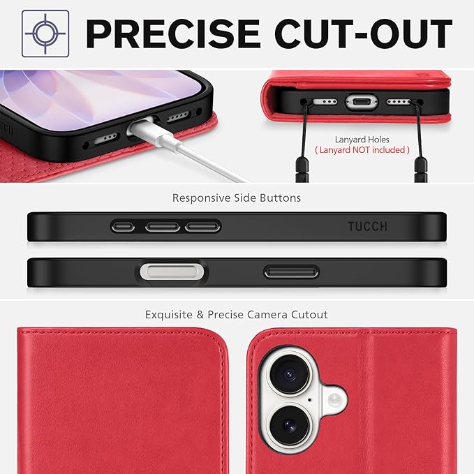 TUCCH Case Wallet for iPhone 17 (6.3") 2025, RFID Blocking, 3 Card Holders, Kickstand, PU Leather, Protective Flip Folio Cover, TPU Shockproof Interior Shell, Bright Red