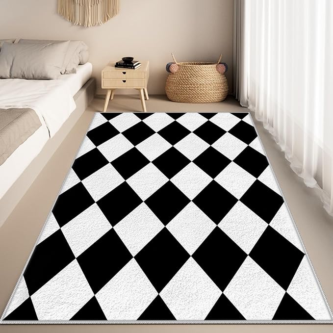 Checkered Rug, Black White Rug, Washable Rugs 8x10, Geometric Rhombus Plaid Area Rugs, Grid Gingham Carpet for Living Room Non Slip Home Decor