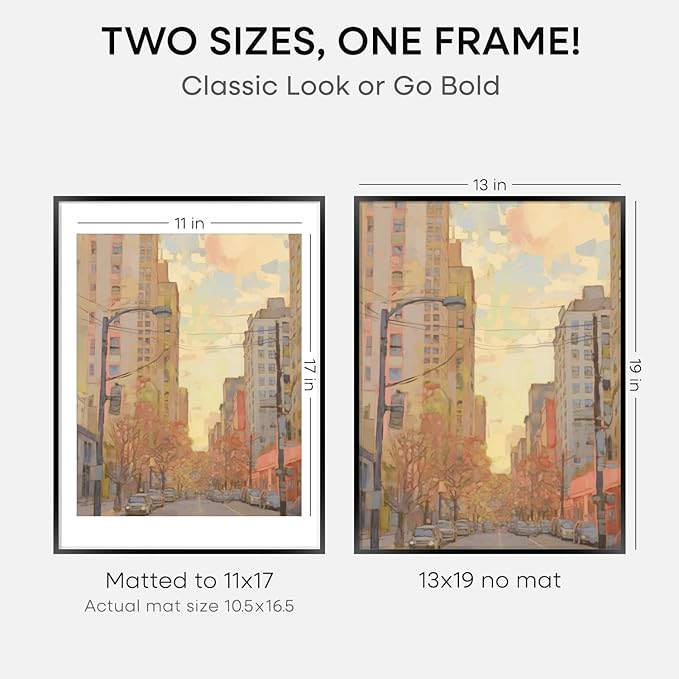 Homeforia 13x19 Picture Frame Black, High End Metal 13 x 19 Poster Frames with Mat 11 x 17 for Photo, 13x19 Black Frame Matted to 11x17 inch Print, 19x13 Thin Frame, Tempered Glass, Wall Kit, Set of 4