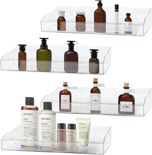 4PCS Acrylic Shelves for Wall Clear Floating Shelf Adhesive or Screws of Installation Bathroom Shelf Organizer Wall Storage Display for Bedroom Living Room Kitchen