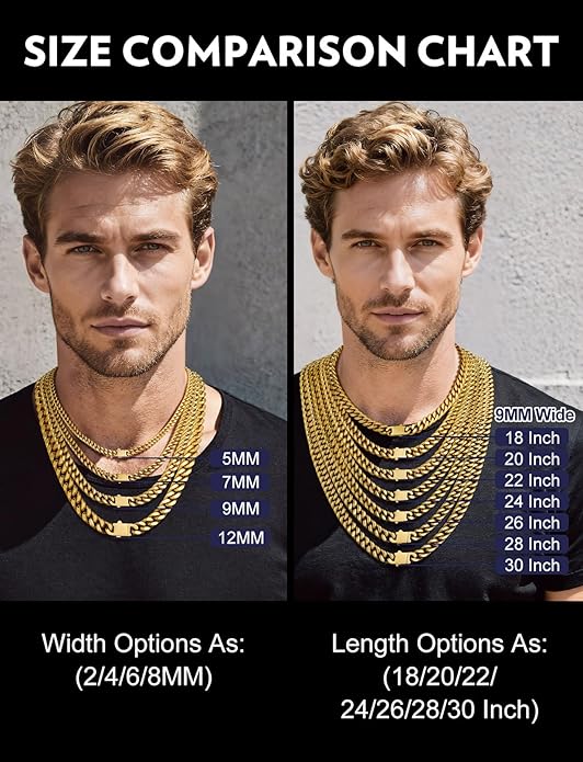 Bandmax Mens Stainless Steel Chain Necklaces 5/7/9/12MM Chunky Miami Cuban Link Chain Necklace Bracelet Silver/Gold Plated/Black Chains for Men 18"-30"