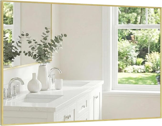 30"x48" Gold Bathroom Mirror, Metal Framed Vanity Mirror for Wall, Large 48"x30" Horizontal Mirror Over Sink, Modern Luxe Decor, Flush Mount