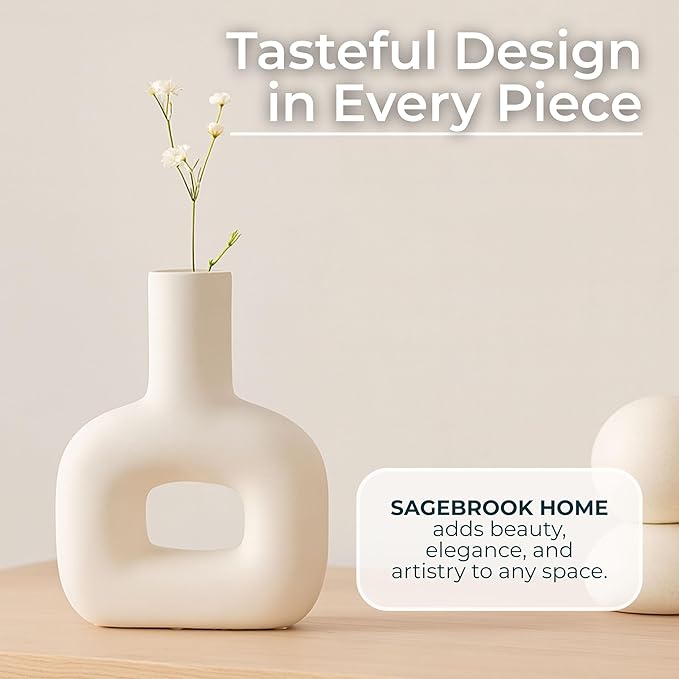 Sagebrook Home Modern Stoneware Vase - Decorative Dolomite Flower Holder - Minimalist Home & Office Accent - Stylish Tabletop Centerpiece for Living Room, Bedroom & Desk Decor - 8" White