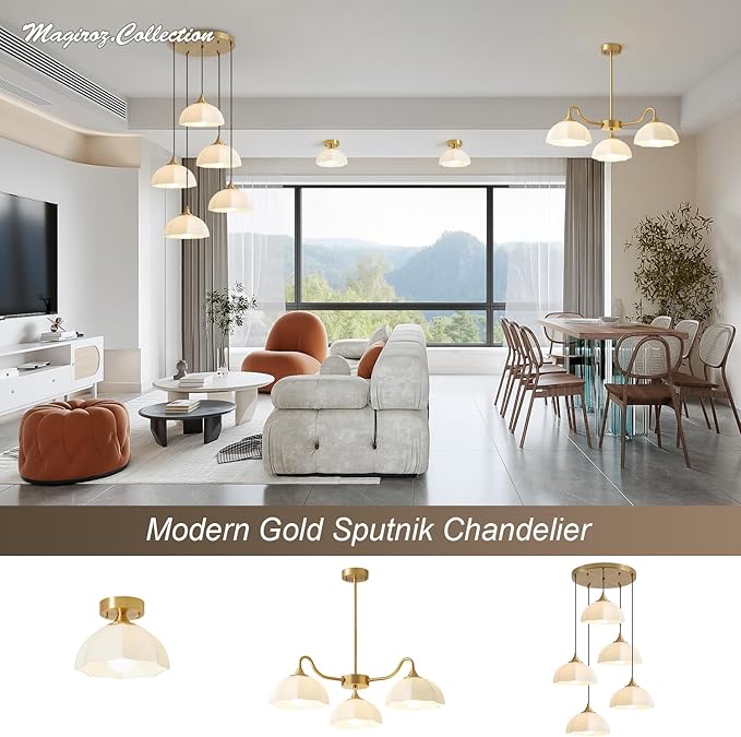 Modern 5 Light Brushed Gold Pendant Lighting Mid Century Milk Glass Cluster Pendant Lights Kitchen Island Adjustable Brass Hanging Chandelier Vintage White Ceramic Light Fixture MPL17-5R GD