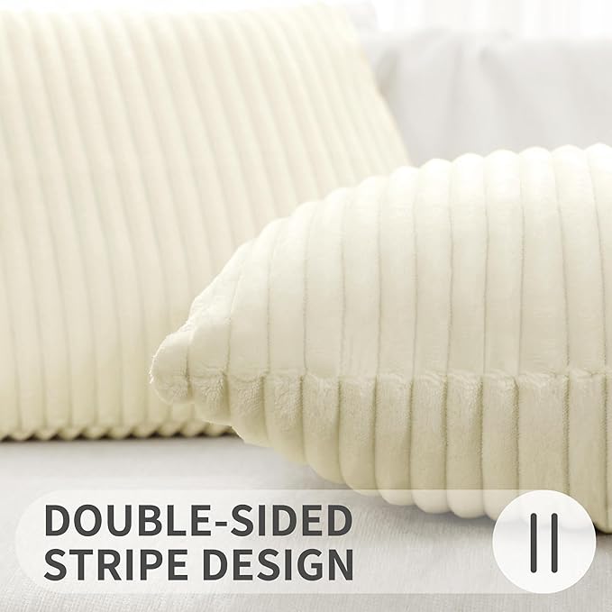Simmore Decorative Spring Throw Pillow Covers 12x20 Set of 2, Soft Natural Plush Flannel Double-Sided Fluffy Lumbar Pillow Covers for Couch Sofa Living Room, Beige