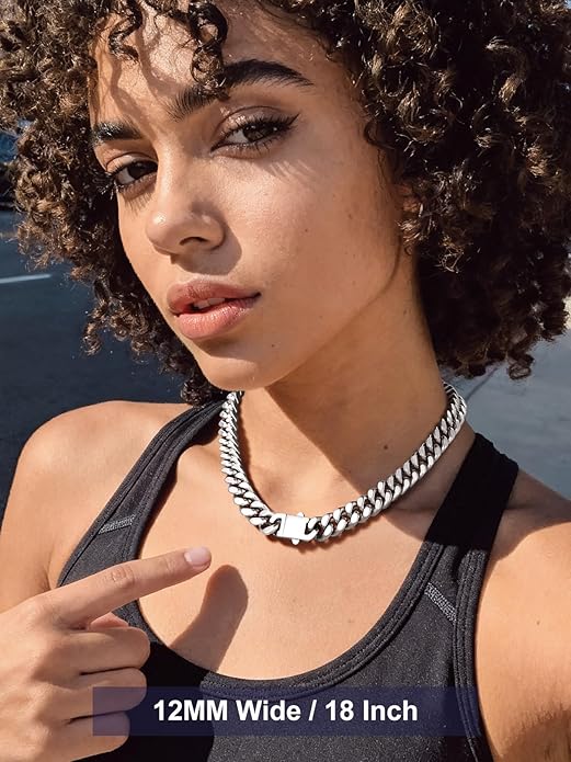 Bandmax Mens Stainless Steel Chain Necklaces 5/7/9/12MM Chunky Miami Cuban Link Chain Necklace Bracelet Silver/Gold Plated/Black Chains for Men 18"-30"