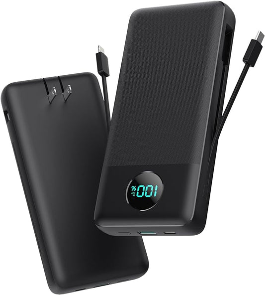 Portable Charger 33800mAh USB C Power Bank with Built-in Cables & AC Wall Plug,25W Fast Charging+QC 4.0 Phone Charger,4 Output Travel Essentials Battery Pack for iPhone16/15/14/13,Samsung,Android etc