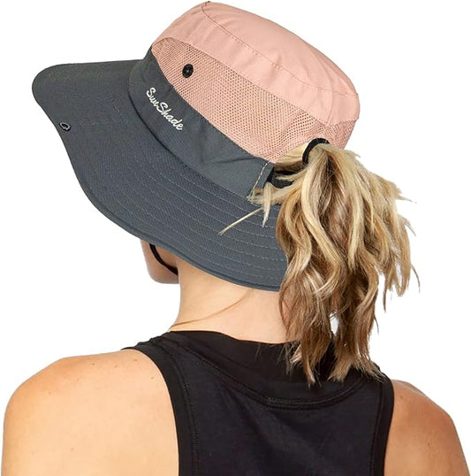 Women's Outdoor UV-Protection-Foldable Sun-Hats Mesh Wide-Brim Beach Fishing Hat with Ponytail-Hole
