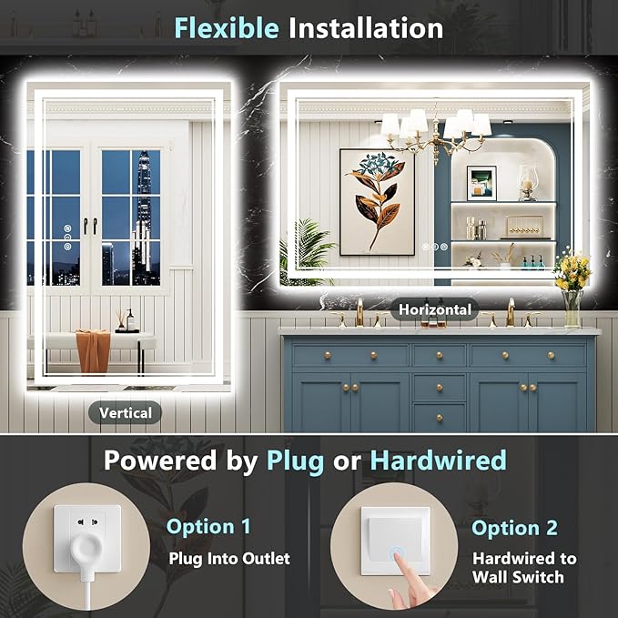55x40 LED Bathroom Mirror with Lights, Backlit and Front Lit, Anti-Fog Lighted Vanity Mirrors for Bathroom Wall, Dimmable, 3-Color Light, Memory, Shatter-Proof, HD Tempered Glass, CRI＞90