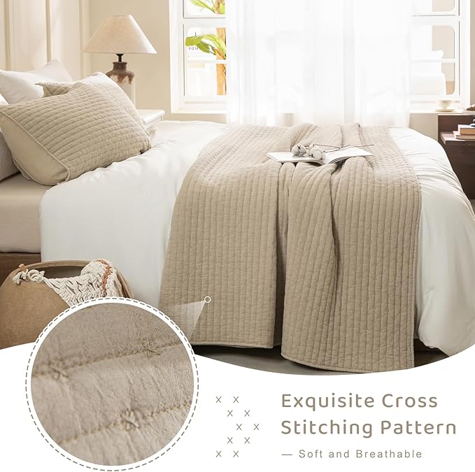 Sanracie Stonewashed Oversized King Quilt(120"x120"), Cotton Dark Wheat Color Cross Stitch Pattern California King Quilt Set 3Pcs Ultra Soft Lightweight Crinkle Bed Coverlet Set for All Season