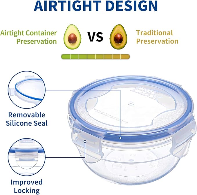 KIGI 10oz Round Plastic Food Storage Containers with Lids, Airtight Leak-Proof Small Bowls for Meal Prep, Snacks, Puree, Leftovers and Salad Dressing to Go, Microwave, Diswasher & Freezer Safe 6-Pack
